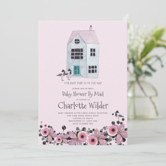 かわいいピンク色のベビーガールシャワーバイメール 招待状 (スタンド正面)