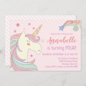 かわいいピンク色のレインボースターユニコーン誕生日パーティー 招待状 (正面/裏面)