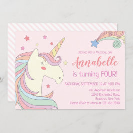 かわいいピンク色のレインボースターユニコーン誕生日パーティー 招待状