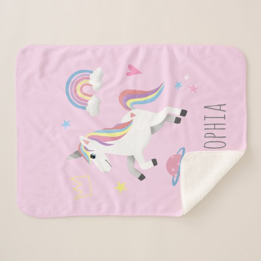 かわいいピンク色のレインボーユニコーン&ネームキッズ シェルパブランケット (正面(横))
