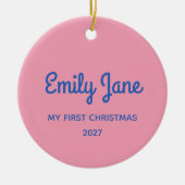 かわいいピンク色の写真パーソナライズされた初めてのクリスマス セラミックオーナメント (正面)