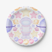 かわいいピンク色の宇宙宇宙飛行士誕生日 ペーパープレート (正面)