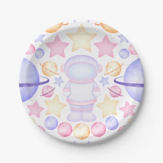 かわいいピンク色の宇宙宇宙飛行士誕生日 ペーパープレート (正面)