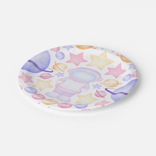 かわいいピンク色の宇宙宇宙飛行士誕生日 ペーパープレート (アングル)