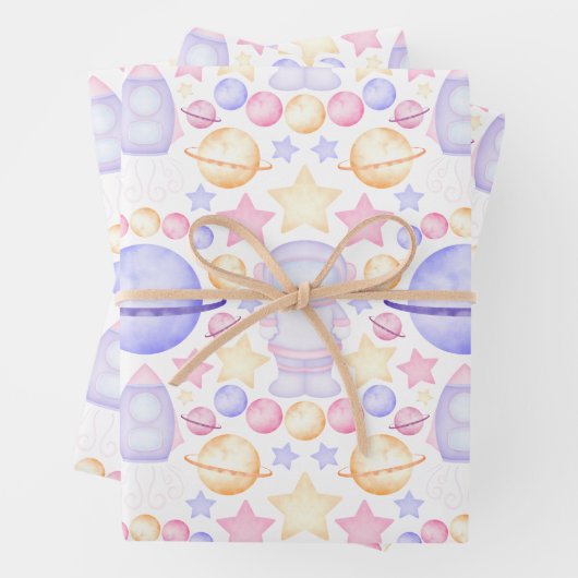 かわいいピンク色の宇宙宇宙飛行士誕生日 ラッピングペーパーシート (インサイチュ)