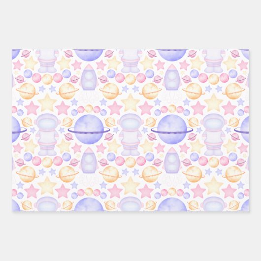 かわいいピンク色の宇宙宇宙飛行士誕生日 ラッピングペーパーシート (正面)