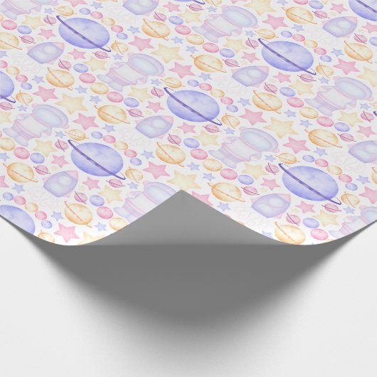 かわいいピンク色の宇宙宇宙飛行士誕生日 ラッピングペーパー (角)