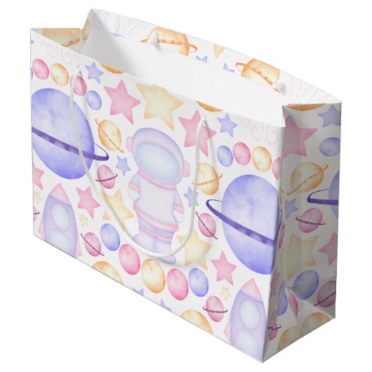 かわいいピンク色の宇宙宇宙飛行士誕生日 ラージペーパーバッグ (裏面アングル)