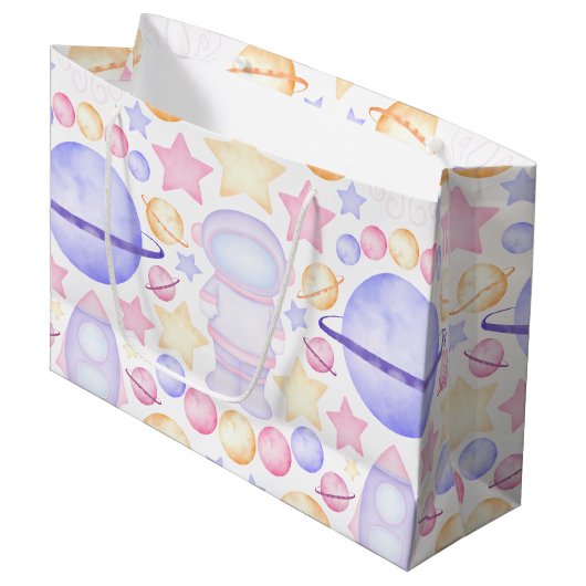 かわいいピンク色の宇宙宇宙飛行士誕生日 ラージペーパーバッグ (正面アングル)