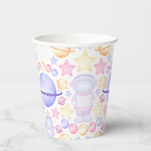 かわいいピンク色の宇宙宇宙飛行士誕生日 紙コップ (正面)