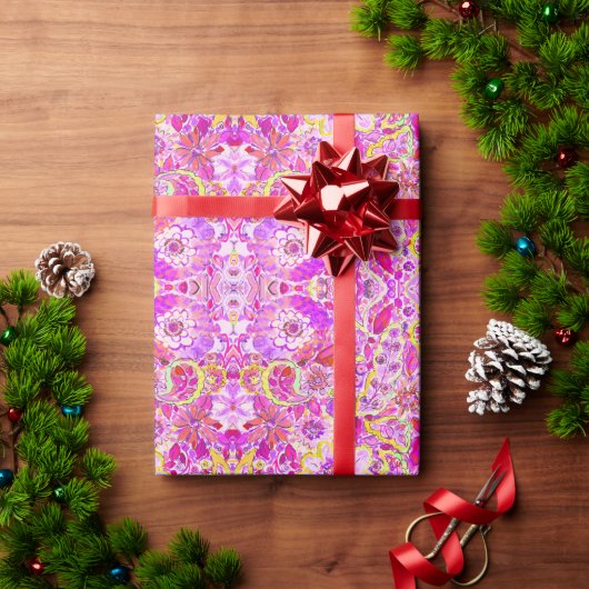 かわいいピンク色の抽象芸術花 ラッピングペーパー (クリスマスギフト)