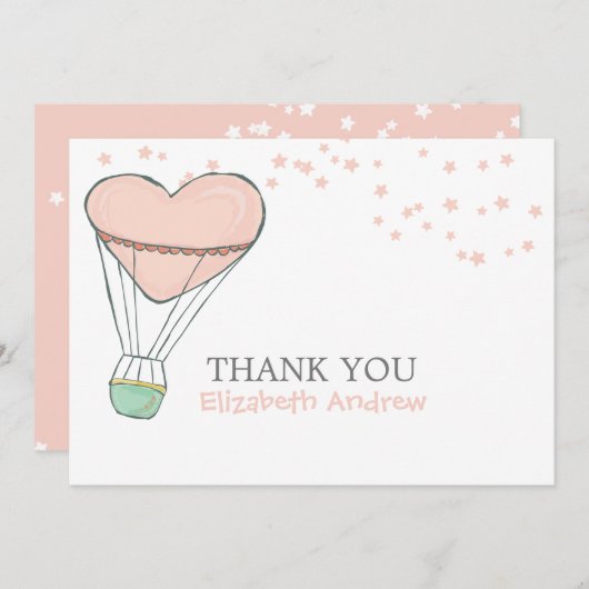 かわいいピンク色の熱気球ベビーシャワー サンキューカード (正面/裏面)