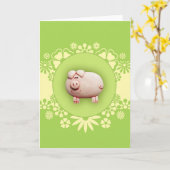 かわいいピンク色の豚グリーティングカード カード (黄色い花)