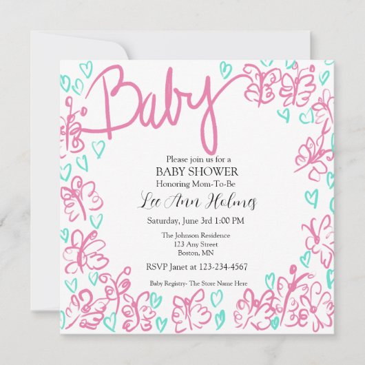 かわいいピンク色の赤パーソナライズされたちゃんシャワー招待状 招待状 (正面)