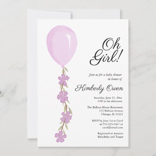 かわいいピンク色バルーンベビーシャワー招待状 招待状 (正面)