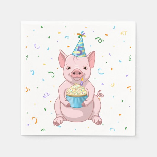 かわいいピンク豚子供の誕生日パーティー動物ケーキハット スタンダードカクテルナプキン (正面)
