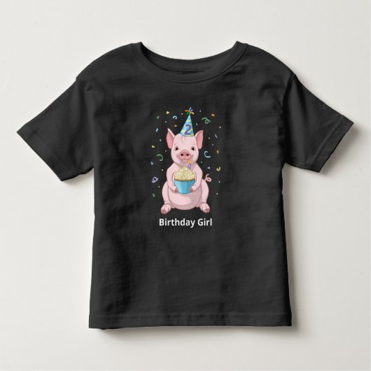 かわいいピンク豚子供の誕生日パーティー動物ケーキハット トドラーTシャツ (正面)