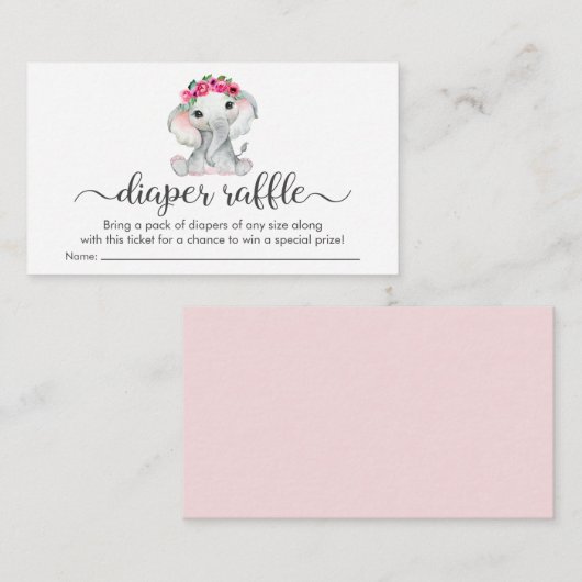 かわいいピンク象おむつラッフルベビーガールシャワー エンクロージャーカード (正面/裏面)