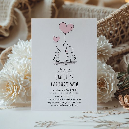 かわいいピンク象の女の子のミニマル誕生日パーティー 招待状