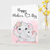 かわいいピンク象の母ベビー母の日 カード (黄色い花)