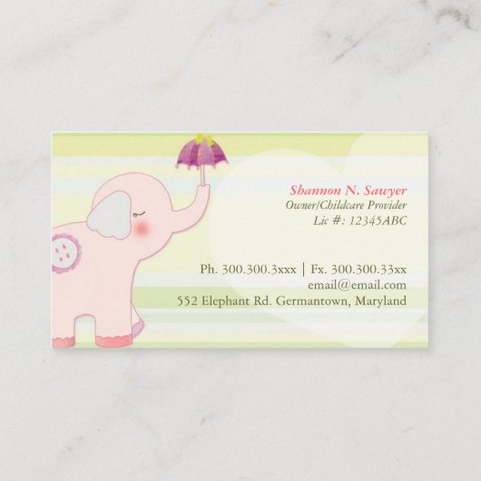 かわいいピンク象の託児所 名刺 (裏面)