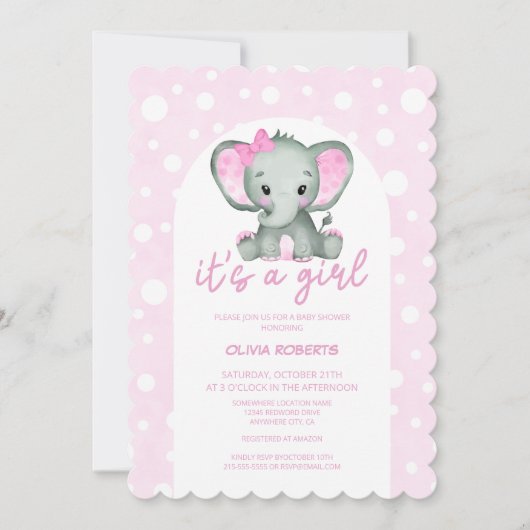 かわいいピンク象の赤ちゃんシャワー 招待状 (正面)