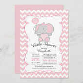 かわいいピンク象ガールズベビーシャワー招待状 招待状 (正面/裏面)