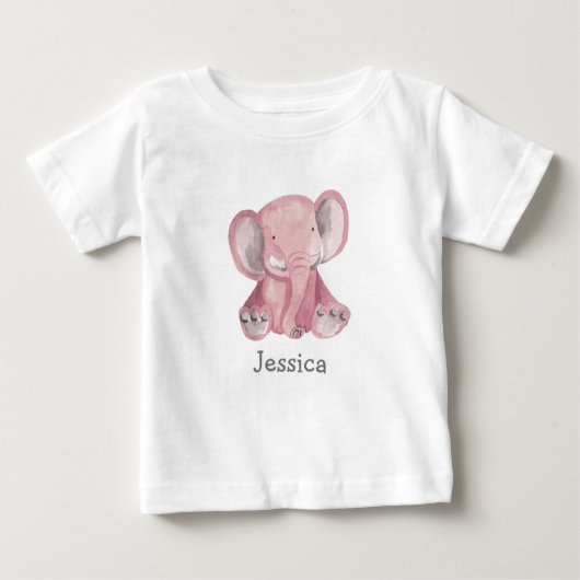 かわいいピンク象デザインベビーシャツ ベビーTシャツ (正面)
