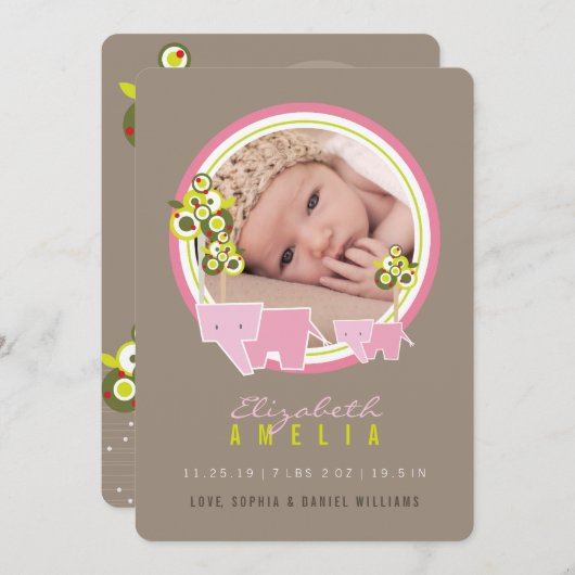 かわいいピンク象ファミリー赤ちゃん女の子の写真誕生 案内状 (正面/裏面)