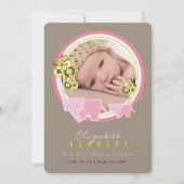 かわいいピンク象ファミリー赤ちゃん女の子の写真誕生 案内状 (正面)
