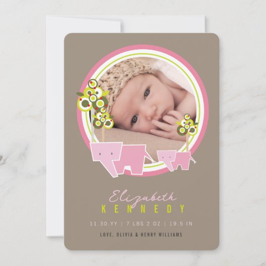 かわいいピンク象ファミリー赤ちゃん女の子の写真誕生 案内状 (正面)
