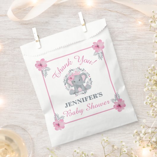かわいいピンク象ワイルドサファリフローラベビーシャワー フェイバーバッグ (クリップ留めされた状態)