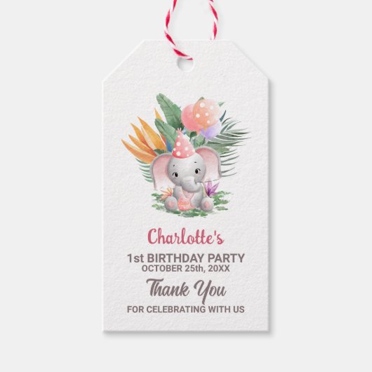 かわいいピンク象1歳の誕生日ありがとう ギフトタグ (正面)