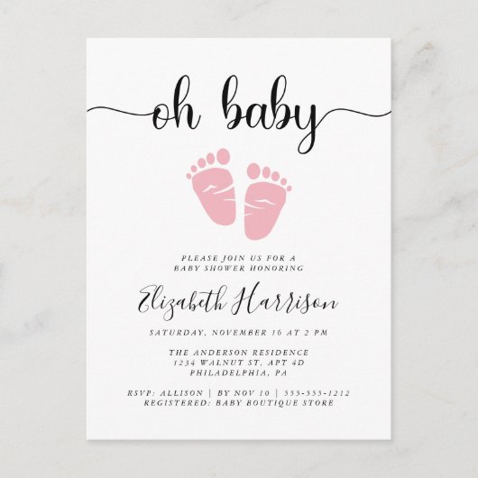 かわいいピンク足ベビーガールシャワー インビテーションポストカード (正面)