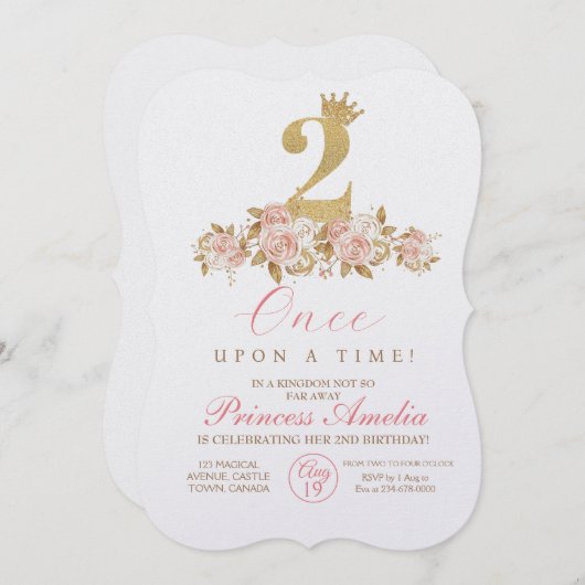 かわいいピンク金ゴールドクラウンプリンセス2nd誕生日パーティー 招待状 (正面/裏面)