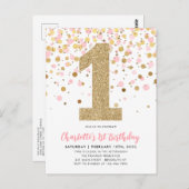 かわいいピンク金ゴールドグリッター紙吹雪ガール1st誕生日 ポストカード (正面/裏面)