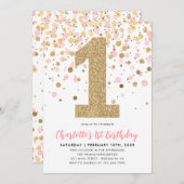 かわいいピンク金ゴールドグリッター紙吹雪ガール1st誕生日 招待状 (正面/裏面)