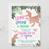 かわいいピンク金ゴールド恐竜の誕生日パーティー 招待状 (正面)