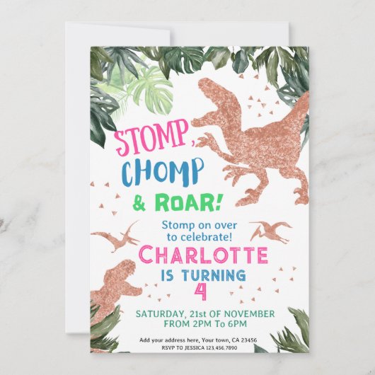 かわいいピンク金ゴールド恐竜の誕生日パーティー 招待状 (正面)