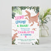 かわいいピンク金ゴールド恐竜の誕生日パーティー 招待状 (スタンド正面)