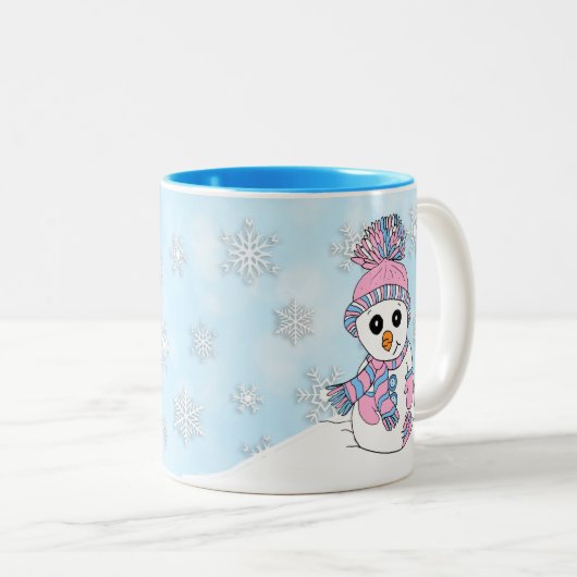 かわいいピンク雪だるまクリスマスホリデー ツートーンマグカップ (正面右)