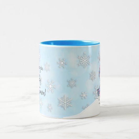 かわいいピンク雪だるまクリスマスホリデー ツートーンマグカップ (中央)