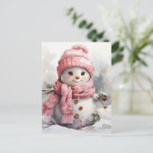かわいいピンク雪だるま シーズンポストカード (スタンド正面)