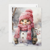 かわいいピンク雪だるま シーズンポストカード (正面/裏面)