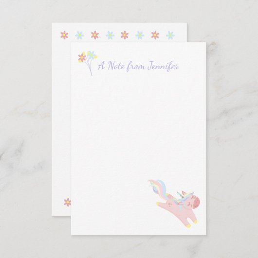 かわいいピンク飛んでいるのユニコーンパーソナライズされたフローラ ノートカード (正面/裏面)