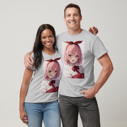 かわいいピンク髪のアニメ少女イラスト Tシャツ (ユニセックス)