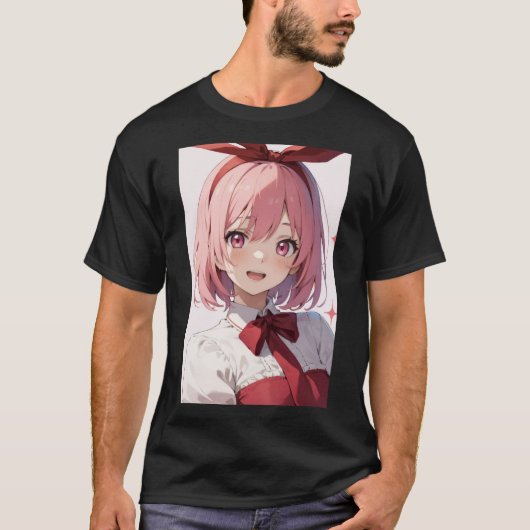 かわいいピンク髪のアニメ少女イラスト Tシャツ (正面)