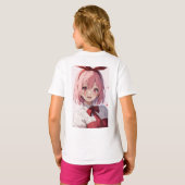 かわいいピンク髪のアニメ少女イラスト Tシャツ (裏面フル)