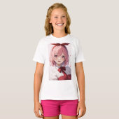 かわいいピンク髪のアニメ少女イラスト Tシャツ (正面フル)