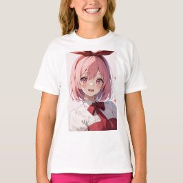かわいいピンク髪のアニメ少女イラスト Tシャツ